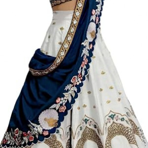 Women's White Embroidered Satin Silk Lehenga Choli