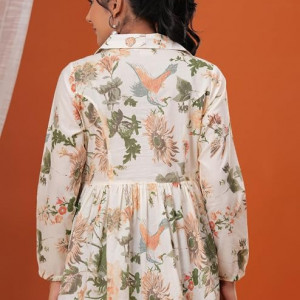 Pure Cotton Cream Regular top with Floral Print