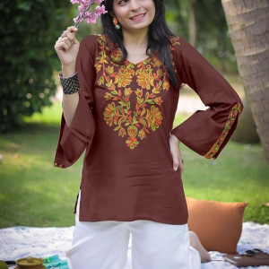 Women's Light Green Rayon Yoke Embroidery Straight Short Kurti
